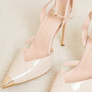 PrettyLittleThing Beige Patent Heels with Metallic Tip
